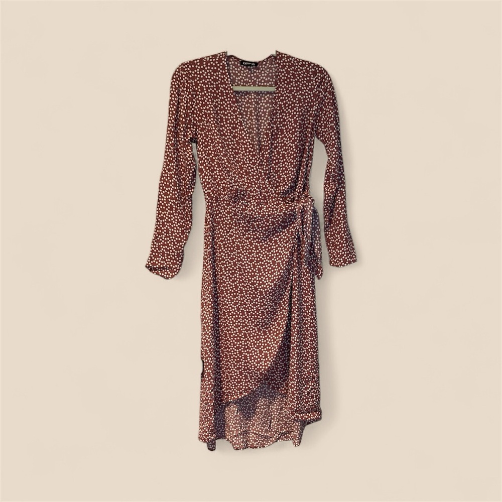 Express Brown Mauve Polka Dot Long Sleeve Wrap Midi Dress Size S